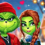 緑色の顔を持つキャラクターのカップルがクリスマスの背景の前で微笑んでいるイラスト。