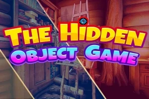 本棚やはしごがある部屋の中に「THE HIDDEN OBJECT GAME」と書かれたカラフルな文字。