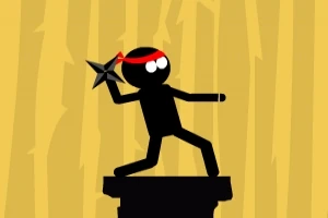 黒いシルエットの棒人間が赤い鉢巻を着けて、手裏剣を持ちながら台の上に立つ姿。