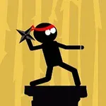 黒いシルエットの棒人間が赤い鉢巻を着けて、手裏剣を持ちながら台の上に立つ姿。