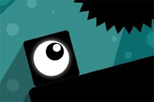大きな目玉が描かれた黒い正方形と、ギザギザの黒い形状が青緑色の背景に浮かんでいるイラスト。