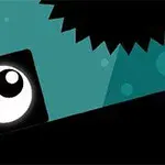 大きな目玉が描かれた黒い正方形と、ギザギザの黒い形状が青緑色の背景に浮かんでいるイラスト。