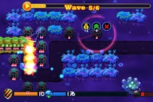 青紫色の背景に緑色の敵キャラクターが並ぶゲーム画面。