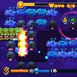 青紫色の背景に緑色の敵キャラクターが並ぶゲーム画面。