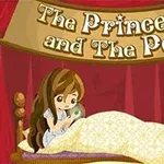 赤いカーテンの前にベッドに横たわる長い髪の少女が、手にグリーンの豆を持っているイラスト。