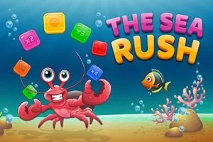 海の中でカラフルなブロックと一緒に笑顔のロブスターと魚が描かれているイラスト。