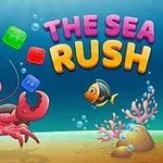 海の中でカラフルなブロックと一緒に笑顔のロブスターと魚が描かれているイラスト。