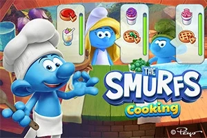 シェフの帽子をかぶった青いキャラクターが調理し、他のキャラクターが食べ物を注文する様子。