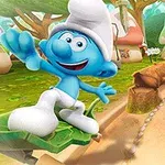 青いキャラクターが緑色のスケートボードに乗って、カラフルなキノコ型の家の前を滑っている様子。
