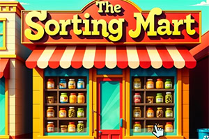 赤と白のストライプの屋根と「The Sorting Mart」の看板がある店舗の正面。