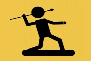 黄色の背景に、槍を持った黒いシルエットの人間のイラスト。