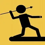 黄色の背景に、槍を持った黒いシルエットの人間のイラスト。