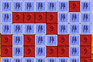 青と赤のタイルがグリッド状に配置され、青いタイルには黒いペンギンのシルエットが描かれている。