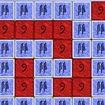 青と赤のタイルがグリッド状に配置され、青いタイルには黒いペンギンのシルエットが描かれている。