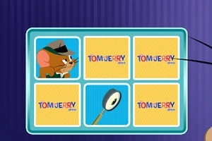 青い縁のボード上に6つの黄色いカードがあり、左上には帽子をかぶったネズミのキャラクター、中央下には虫眼鏡のイラストがあります。