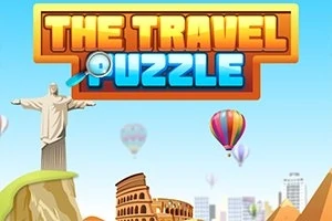 オレンジと青のテキスト「THE TRAVEL PUZZLE」と様々なランドマークや熱気球が描かれたイラスト。