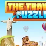 オレンジと青のテキスト「THE TRAVEL PUZZLE」と様々なランドマークや熱気球が描かれたイラスト。