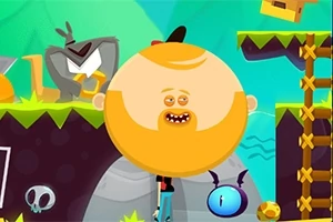 大きな丸い顔のキャラクターが、カラフルでコミカルな背景の中に立っている。