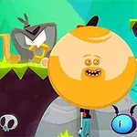 大きな丸い顔のキャラクターが、カラフルでコミカルな背景の中に立っている。
