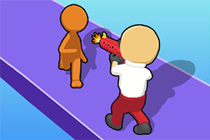色付きのキャラクターが紫色の道で別のキャラクターにおもちゃの銃を向けているイラスト。