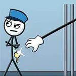 警備員が鍵を手に持ち、鉄格子の外から伸びてきた手がそれを狙っている。