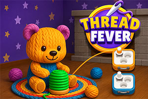 毛糸のクマがカラフルな毛糸玉と編み物のそばに座り、「THREAD FEVER」のロゴとミシンのアイコンが表示されたイラスト