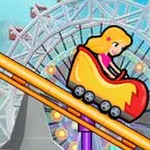 観覧車を背景に黄色と赤のジェットコースターに乗る金髪の女性のキャラクター。