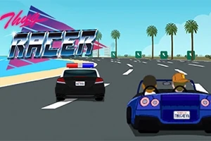 青いオープンカーとパトカーがヤシの木が並ぶ高速道路を走る。