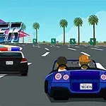 青いオープンカーとパトカーがヤシの木が並ぶ高速道路を走る。