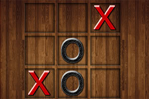 木目調の背景に赤い「X」と黒い「O」が交互に並ぶ三目並べの盤面。