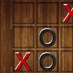 木目調の背景に赤い「X」と黒い「O」が交互に並ぶ三目並べの盤面。