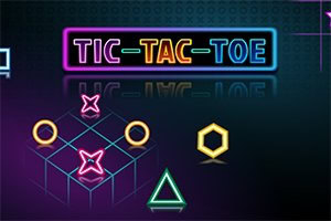 ネオンカラーの幾何学模様と「TIC-TAC-TOE」の文字が描かれたデジタル風の画像。