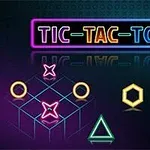 ネオンカラーの幾何学模様と「TIC-TAC-TOE」の文字が描かれたデジタル風の画像。