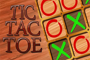 木目調の背景に、左側に「TIC TAC TOE」という文字、右側に赤い丸と緑のバツが並んだグリッド。