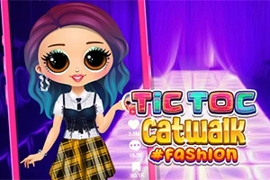 大きな目をしたキャラクターが紫色の背景のランウェイでポーズを取っている。