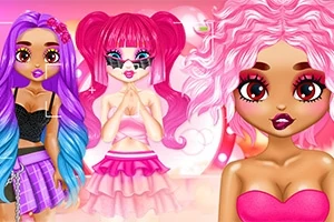 カラフルなピンクと紫の髪をした3人のアニメ風女性キャラクターがファッションアイテムを身につけたイラスト。