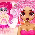 カラフルなピンクと紫の髪をした3人のアニメ風女性キャラクターがファッションアイテムを身につけたイラスト。