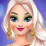 明るい紫の背景に長い白髪とゴールドのイヤリングをつけた女性キャラクター。