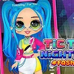 青い髪のスタイリッシュなキャラクターが派手なファッションを身にまとい、背景にカラフルな都市の夜景が描かれたイラスト。