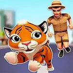 アニメーションのトラの子供が走り、その後ろを探検家の服装をした男性が追いかけている。