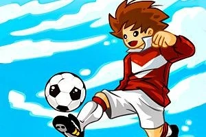 サッカーユニフォームを着たキャラクターが青い空の下でサッカーボールを蹴っているイラスト。