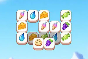 青空を背景に、チーズやクッキー、ぶどう、葉、しずく、ロールケーキなどのアイコンが並んだパズル風のタイル配置。