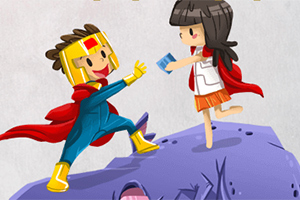 赤いマントを着たキャラクターが、別のキャラクターと岩の上で対面しているイラスト。