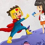 赤いマントを着たキャラクターが、別のキャラクターと岩の上で対面しているイラスト。