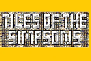 黄色の背景に「TILES OF THE SIMPSONS」と描かれた文字が多数の小さなタイルで構成されている画像。