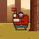 赤い斧を持ったひげの男性が木の横に立っているピクセルアートのイラスト。