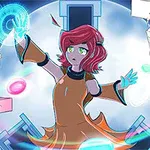 赤髪の少女が青白く光るリングに触れている様子と、周囲に浮かぶカラフルな物体。