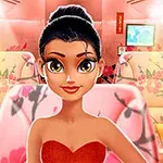 赤いドレスを着た女性が花柄の座席が並ぶ車両内に座っている。