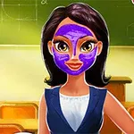 教室の背景に立っている、紫色のフェイスマスクを付けた黒髪の女性キャラクター。