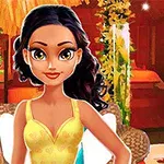椅子に座って微笑んでいる黄色いドレスの女性と、背景に化粧品が並んでいる室内の光景。